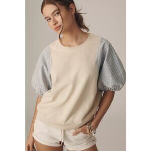 NWT Pilcro Woven Striped Puff-Sleeve Top In Blue/Tan Size XS